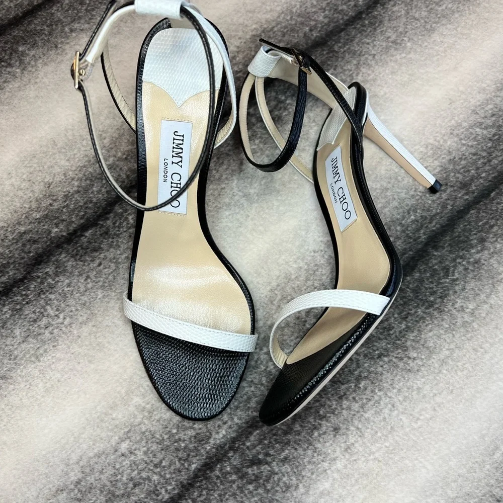 Jimmy Choo Minny 85 mm Lizard Mini Printed Leather Black White Mix Sandal Heels - Picture 2 of 12